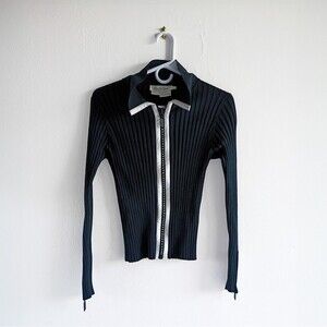 Belldini Ribbed Zip Up Sweater Small Black Long Sleeve Collared Stretch Knit